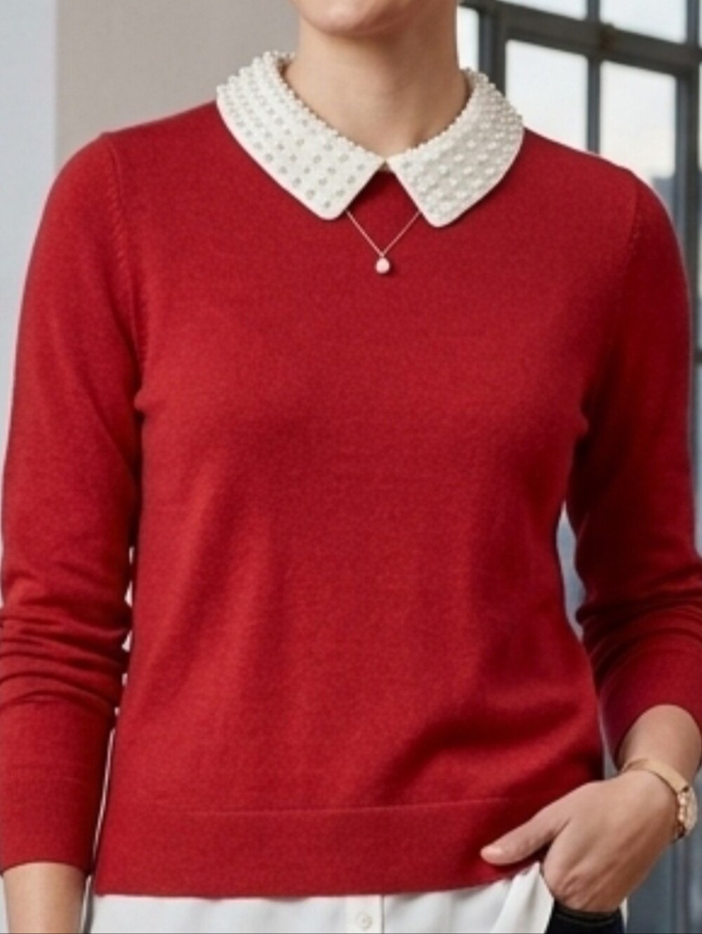 Adrianna Papell Haute
Red Pearl Embellished
Collar Layered Look
Sweater Тop Lg